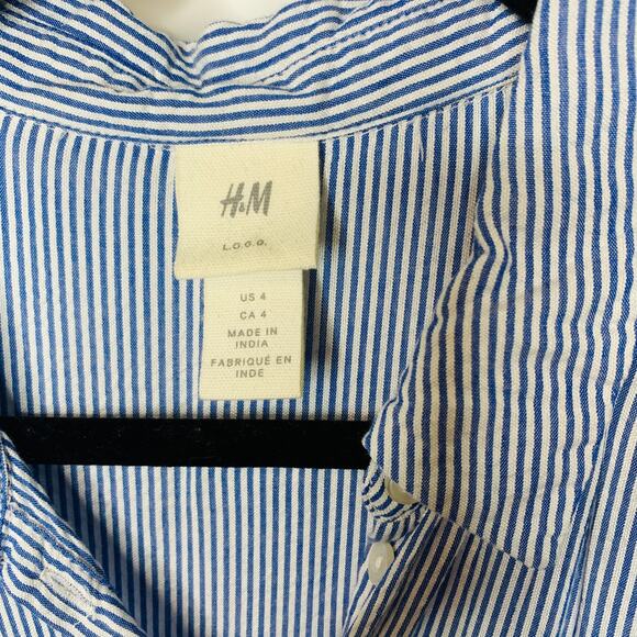 H&M Blue Vertical Pin Stripe Blouse Flowy Oversized Sz 4 - Picture 8 of 10